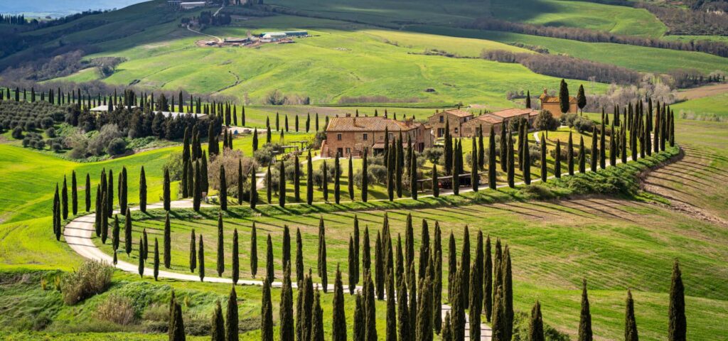 Cypřišová alej Asciano a krajina Val d´Orcia